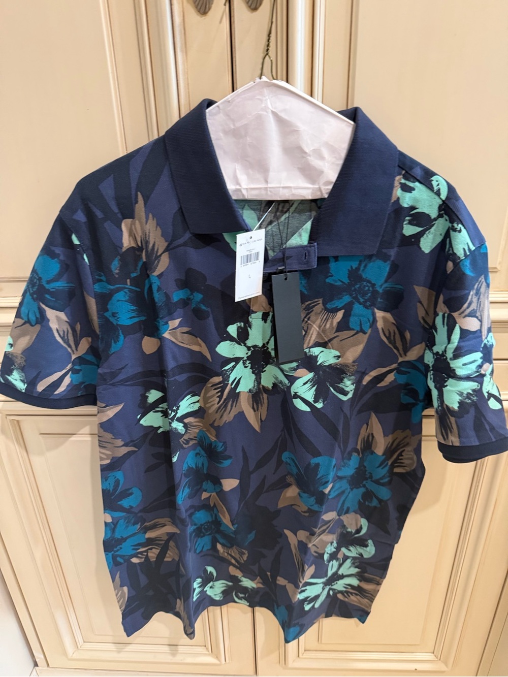 Mens Navy Floral Polo Shirt - Blue & Teal